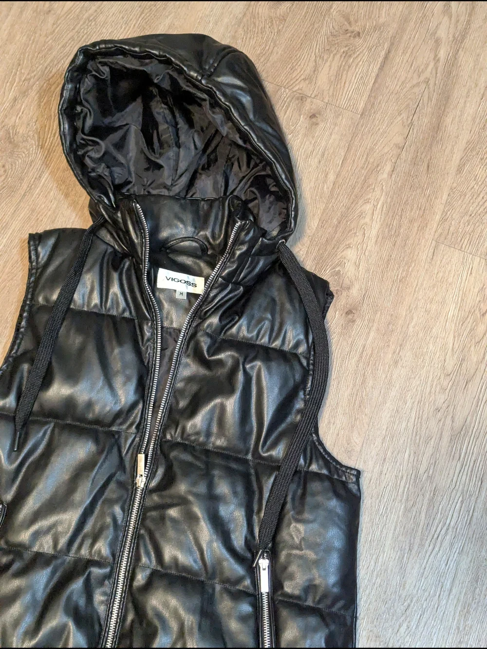 Vigoss Black Quilted Faux Leather Hooded Vest